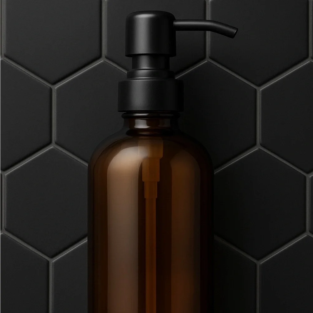 16 OZ. GLASS SOAP DISPENSER W/ METAL PUMP (AMBER GLASS/BLACK PUMP)